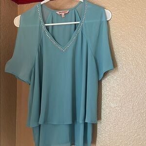 Juicy Couture Blue and Green Asymmetrical Flutter Sleeve Blouse